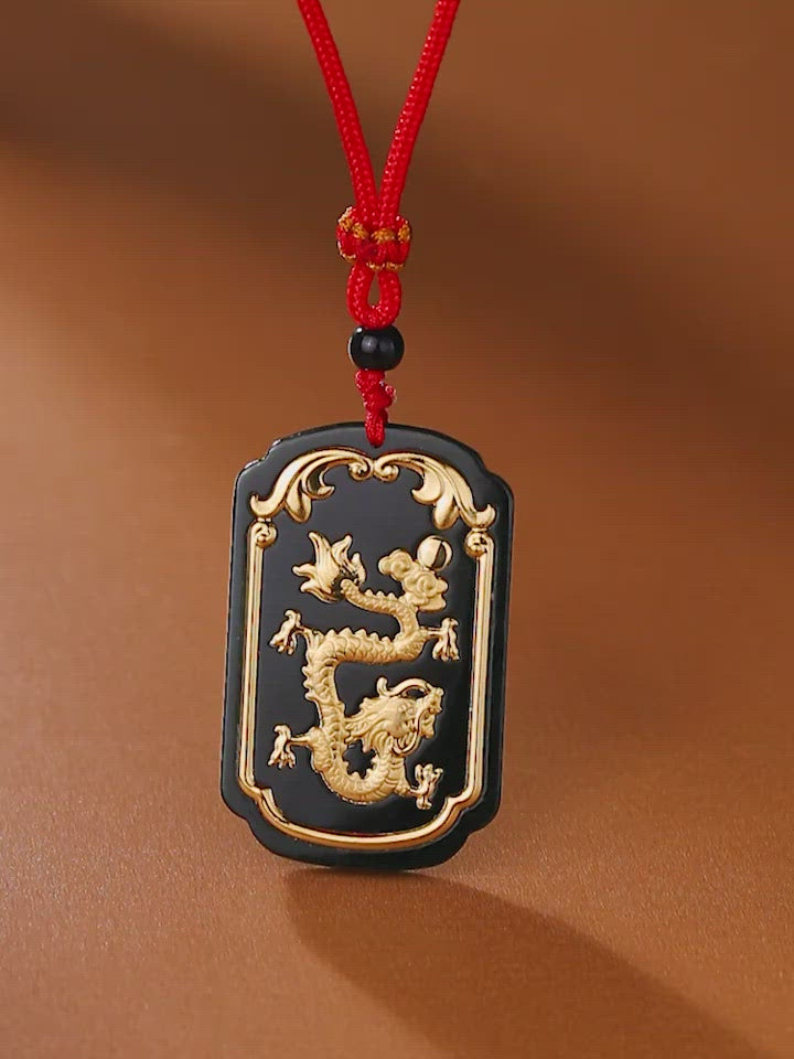 24K Gold Black Nephrite Jade Dragon Protection Necklace