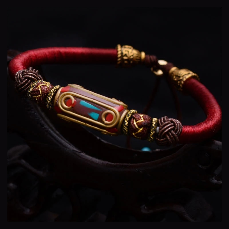 Tibetan Buddhism Knots Lucky Rope Bracelet With Retro Bronze Mantra Beads Hand Braided String Antique Tibetan Jewelry